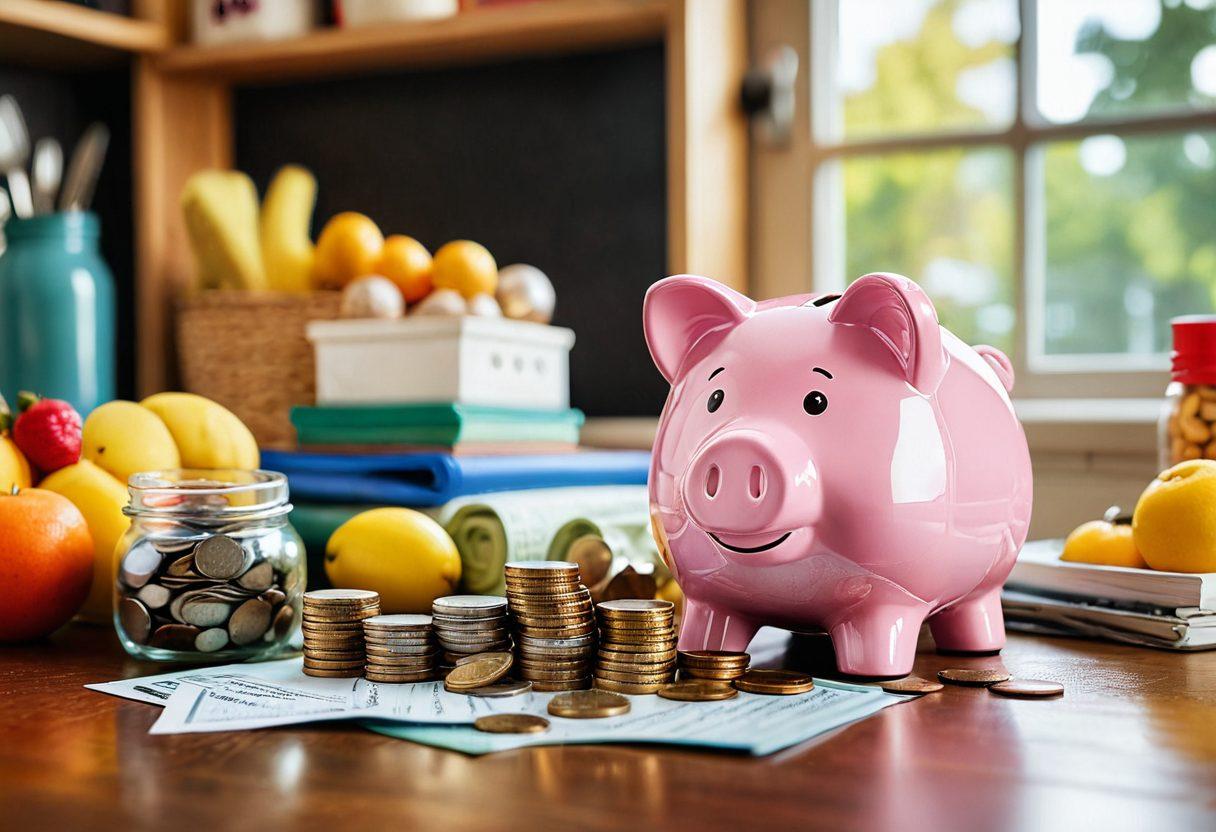 An inviting piggy bank overflowing with coins, surrounded by everyday items like groceries and bills, illustrating practical saving tips. In the background, a cozy home setting with a chalkboard displaying budgeting tips. Light streaming in through a window, creating a warm atmosphere. super-realistic. vibrant colors. 3D.