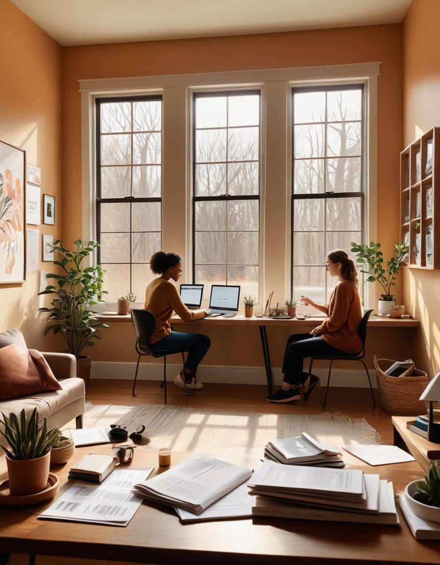 A serene and inviting home office depicting a diverse group of individuals collaborating over a budget plan, surrounded by financial tools like calculators and spreadsheets. Soft sunlight streaming through a window, creating an atmosphere of hope and progress. Wall art with motivational quotes about financial wellness. super-realistic. warm colors. minimalistic design.
