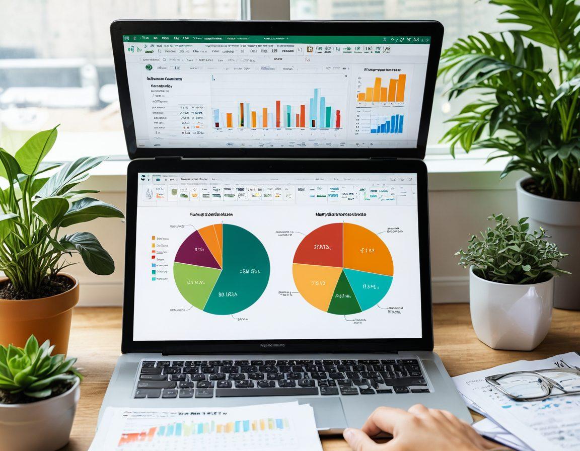 An inspiring and organized workspace featuring a person analyzing financial charts on a laptop, surrounded by scattered notes and motivational quotes on budgeting. Include visual elements like a pie chart and a calculator, symbolizing smart spending and debt elimination. The background should be bright and airy, with plants to create a sense of calm and focus. vibrant colors. super-realistic.